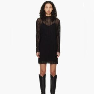 Anine Bing “Clare rubbed knit” Black Sheer-Overlay Long-Sleeve Mini Dress